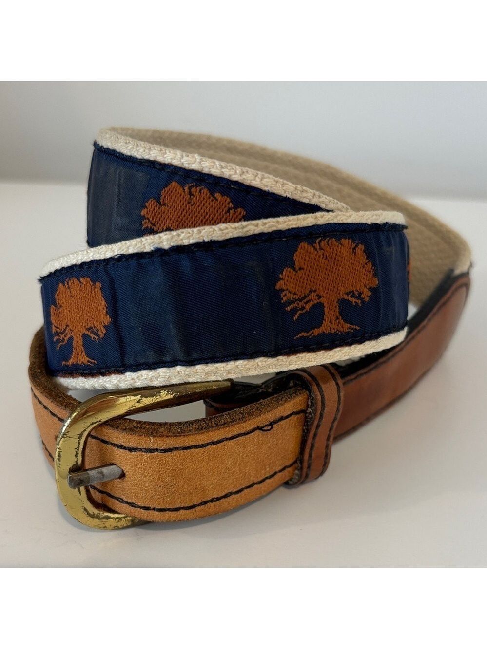 Men's canvas & leather belt solid brass buckle tree pattern blue & brown 34”-36”
